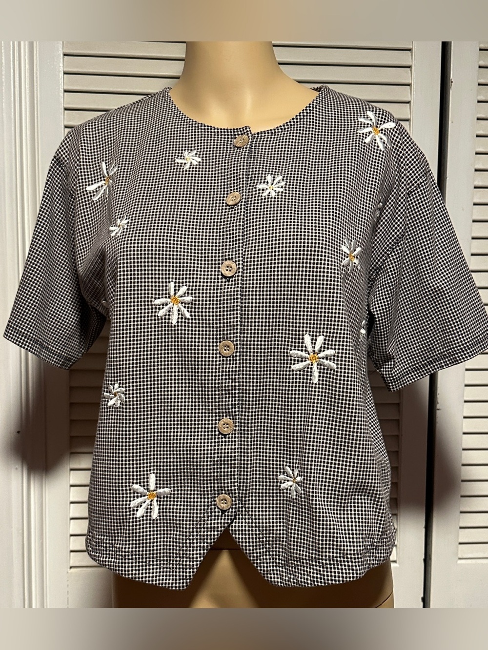 Chaus Sport Blouse Black White Checkered Floral Short Sleeve Button Up Top L
